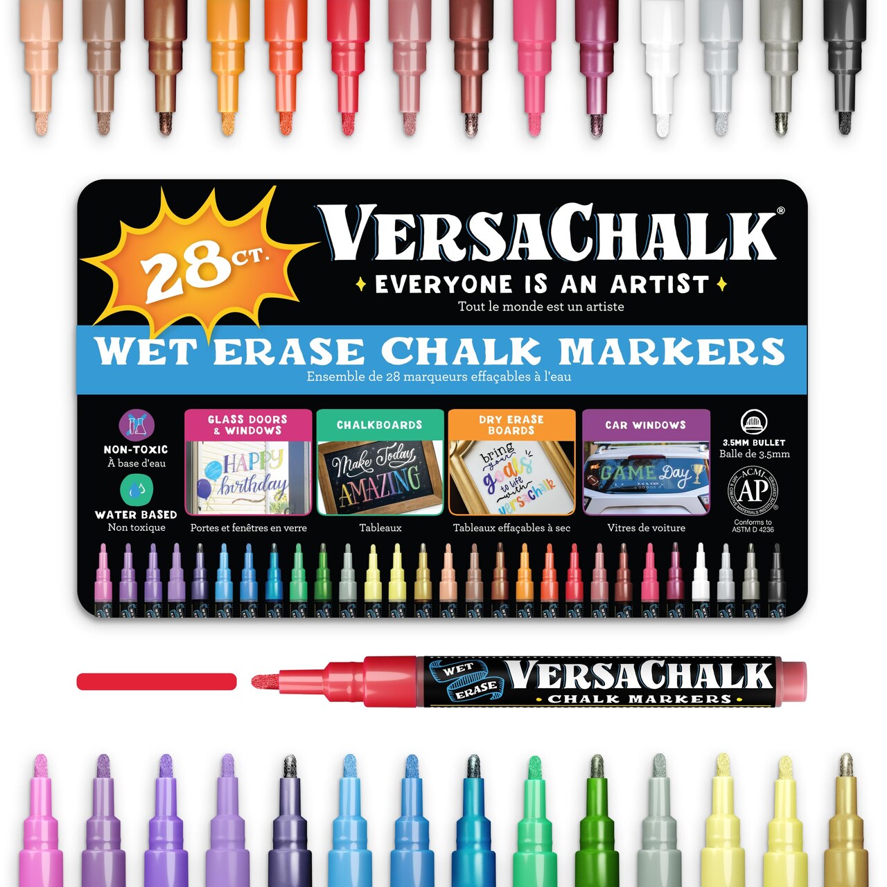 VersaChalk 28 Count Liquid Chalk Markers – 3mm Fine Tip, Erasable, Non-Toxic Chalk Pens for Chalkboards, Glass, and Windows – Easy Wipe